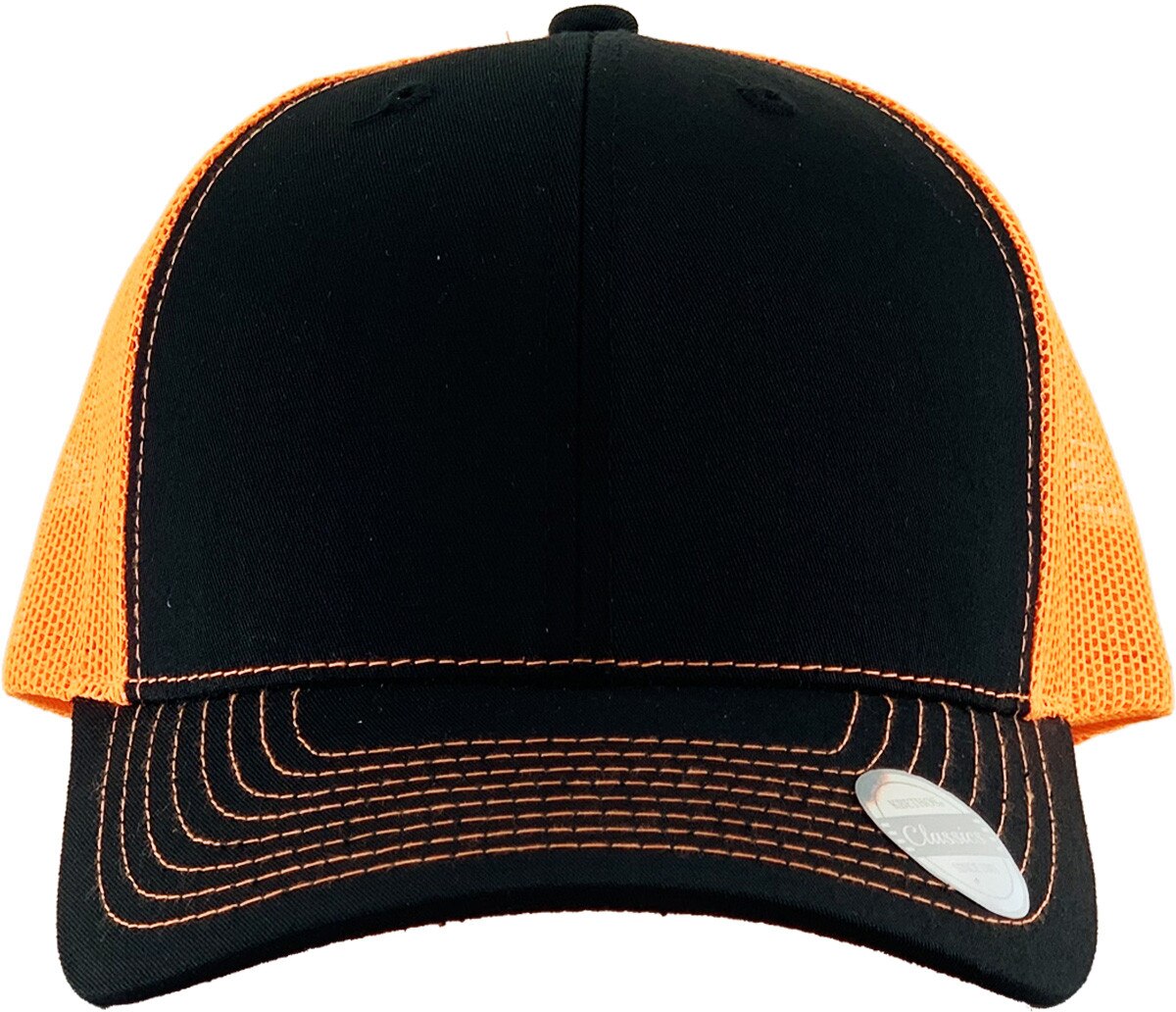 Black Neon Orange Two Tone Classic 6 Panel Trucker Mesh Snapback Front View